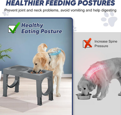 XIAZ Slow Feeder Dog Bowl Elevated Food and Water Bowl Stand for Large Medium Sized Dog, 4 Heights Adjustable, Non-Slip, Durable, Prevents Bloating & Improves Digestion for Dogs