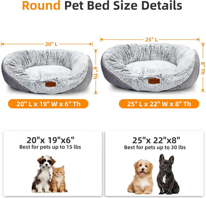 Luxury Calming Pet Bed for Cats & Small Dogs, All-in-One Machine Washable Long Fur Plush with Bolster, Non-Slip Waterproof Bottom & Orthopedic Support for Warmth, 20x19 Inch, Light Grey
