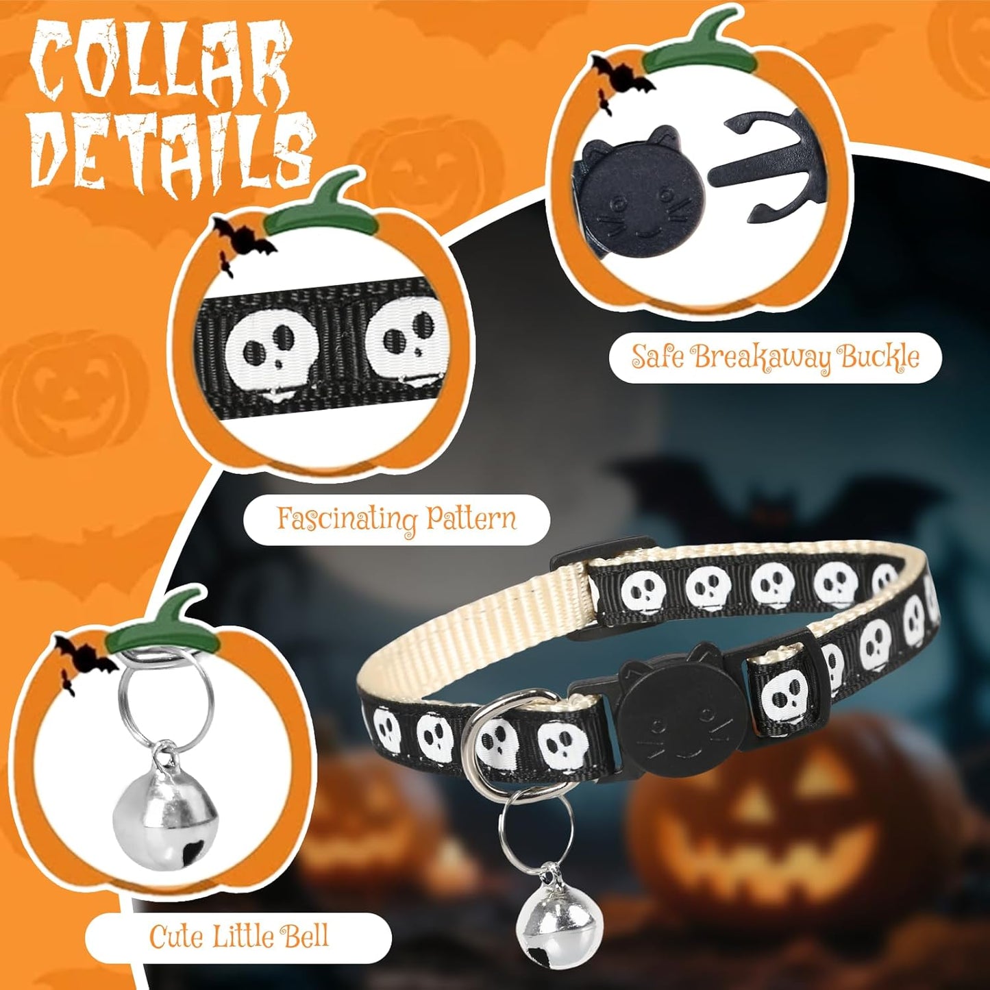 Halloween Cat Collar with Bell, Adjustable Comfortable Kitten Halloween Collar Breakaway, Skeleton Patterns Safety Holiday Cat Collars for Boys Girls,Kitten,Puppy Black (7.5"-12.5")