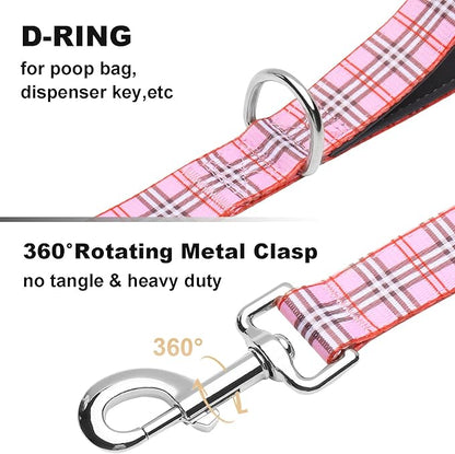 4ft Dog Leash with Two Padded Handles, Heavy Duty Strong Nylon Pet Leash with Soft Neoprene Handle for Small Medium Large Dogs, Pink Plaid