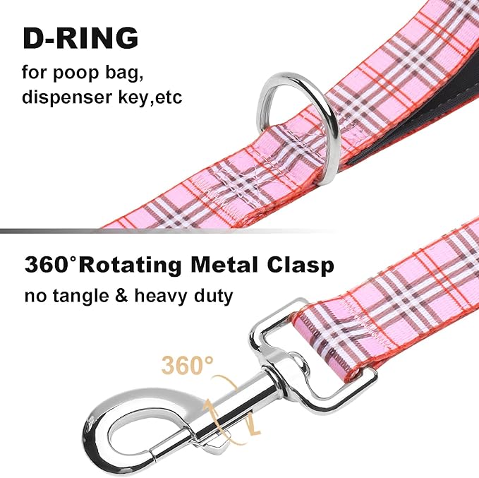 6ft Dog Leash with Two Padded Handles, Heavy Duty Strong Nylon Pet Leash with Soft Neoprene Handle for Small Medium Large Dogs, Pink Plaid