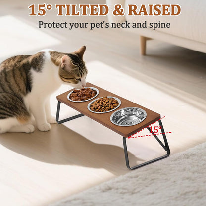 Foldable Raised Cat Bowls Holder 3 Stainless Steel Dog Cat Feeder 12 °Tilt Elevated Pet Water Food Bowls for Cats Puppies Rabbits