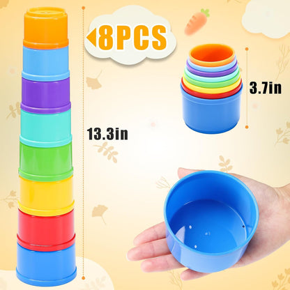 8 Pcs Stacking Cups for Rabbits - Safe Reusable Bunny Toys in Different Sizes, Durable Rainbow Colored Nesting Toys for Small Animals Bunny Hiding Food Playing Bunny Gifts