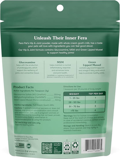 Fera Pets Goat Milk - Cat & Dog Hip and Joint Support with Glucosamine, MSM & Green Lipped Mussel - Supports Flexibility, Mobility & Bone Health - for Picky Eaters - 60 TSP