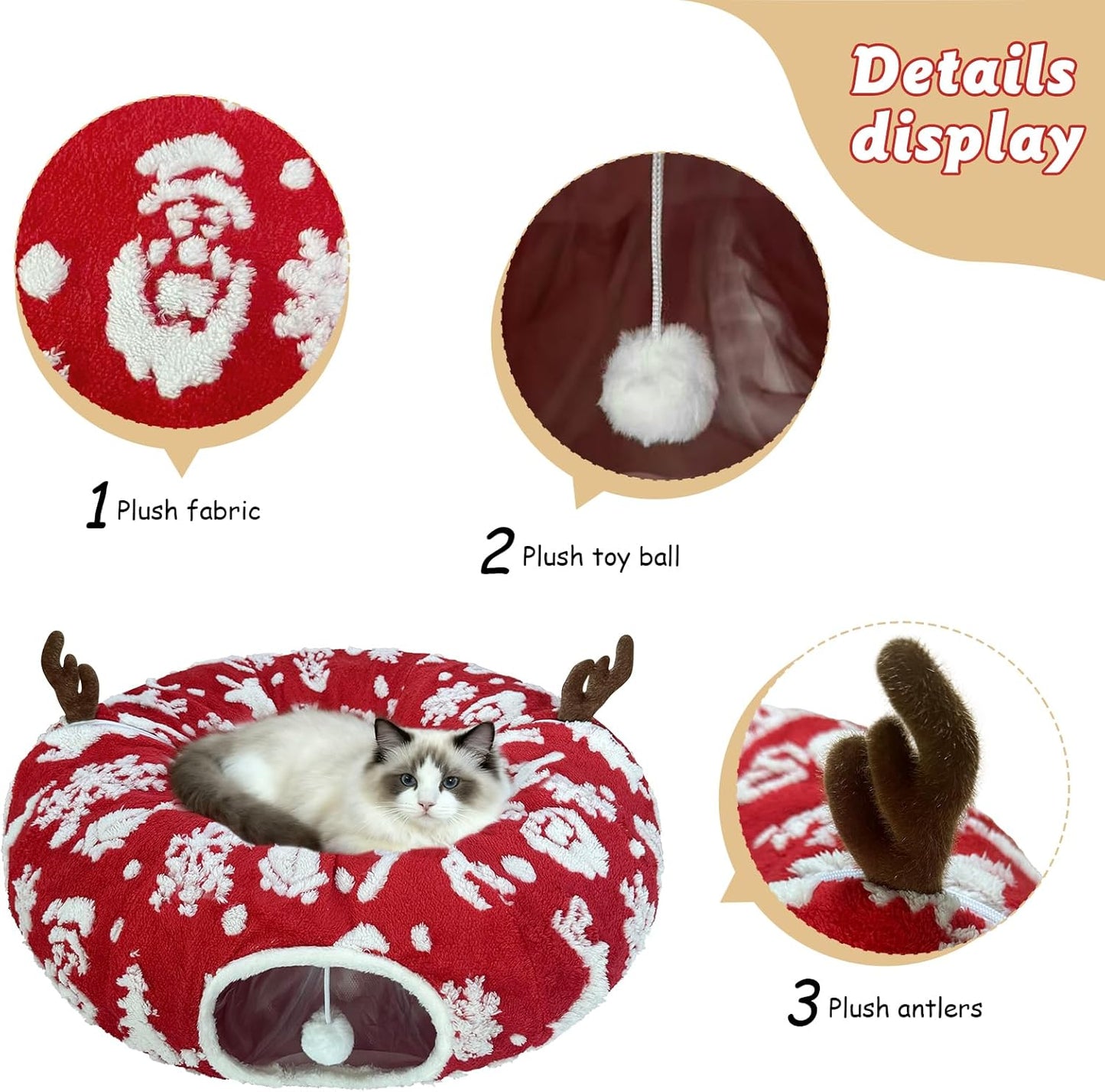 Cat Tunnel Bed for Indoor Cats, Soft Plush Donut Peekaboo Cat Cave, Multifunctional Playground Toy for Small Medium Large Cats, Kittens, Rabbits, Ferrets, with Washable Cushion (Christmas Red)