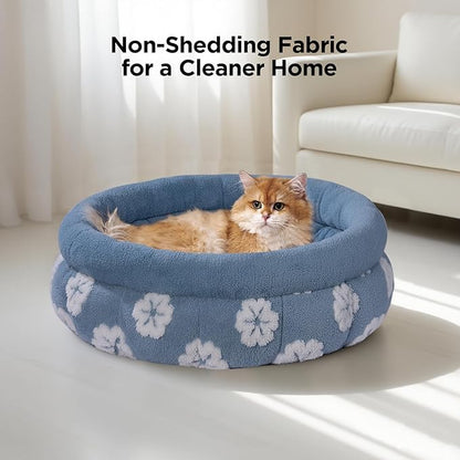 BALANCE Cat Beds for Indoor Cats, Washable Round Cat Bed, Cute 3D Flower Kitten Bed with Anti-Slip Bottom for Puppy and Kitten, 23 Inches, Blue
