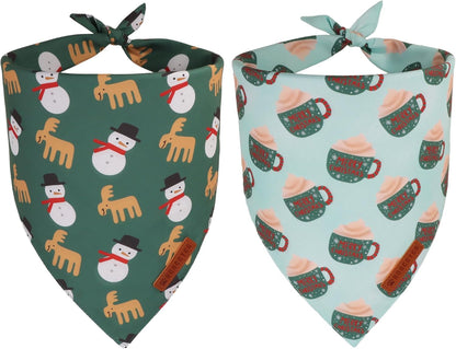 ADOGGYGO Green Christmas Dog Bandana, Snowman Reindeer Mug Puppy Scarf, Adjustable Fit Merry Christmas Bandanas for Small Dogs (Small)
