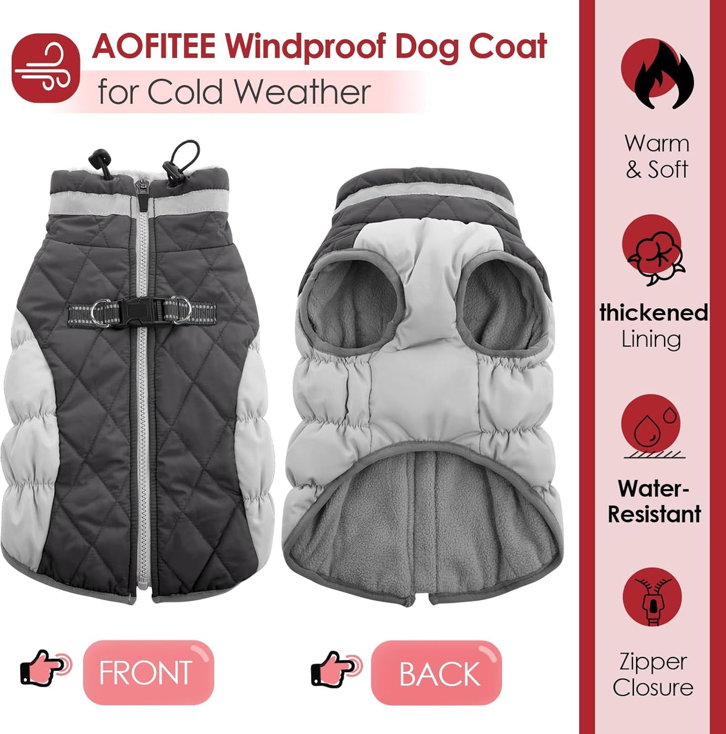 AOFITEE Dog Coat, Warm Dog Winter Coat, Reflective Turtleneck Large Dogs Jacket with Harness Built in, Turtleneck Pet Winter Jacket, Waterproof Pet Snow Jackets Fleece Vest, Grey XL