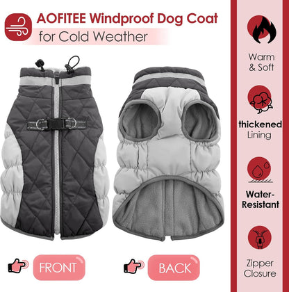 AOFITEE Dog Coat, Warm Dog Winter Coat for Small Dogs, Reflective Turtleneck Dogs Jacket with Harness Built in, Waterproof Windproof Pet Fleece Vest Snow Jacket for Cold Weather, Grey S