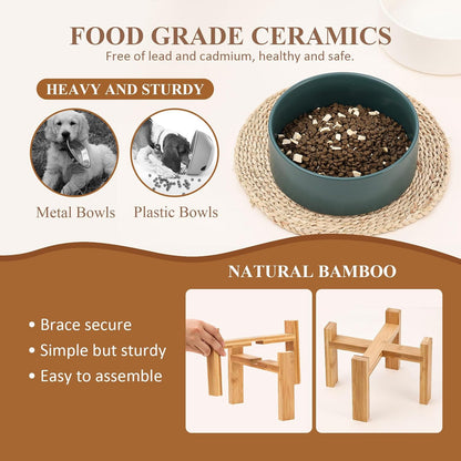 Raised Ceramic Large Dog Bowl - Heavy Weighted Dog Dish with Bamboo Stand - Elevated for Comfortable Feeding - 8.3" W x 8" H - 4.5 Cups (68 fl oz) - Grey