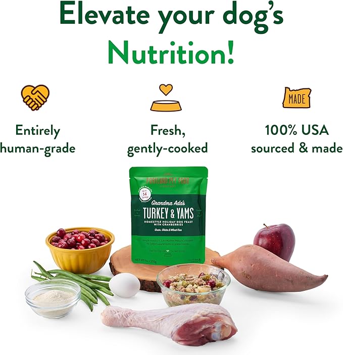 Portland Pet Food Company Grandma Ada's Turkey & Yams Fresh Dog Food Pouches - Human-Grade, Grain-Free Wet Meal Topper Mixer & Meals - Small & Large Breed Puppy & Senior Dogs - USA Made - 5 Pack