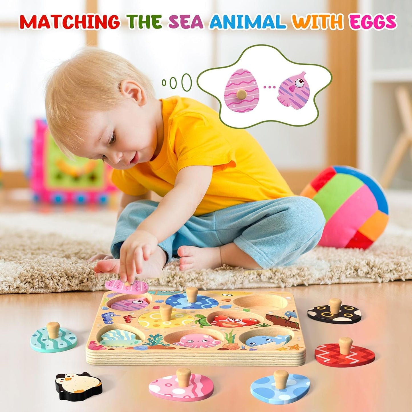 Wooden Puzzles for Toddlers, 8 Pcs Sea Animal Matching Egg Puzzle, Montessori Toys for Boy Girl Easter Birthday Gifts, Preschool Learning Activities & Educational Toys for Boys, Girls