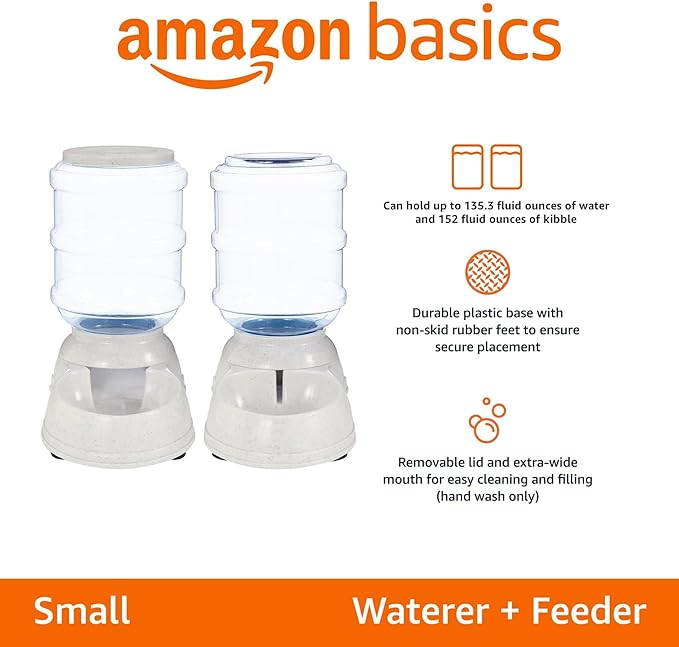 Amazon Basics Automatic Dog Cat Water Dispenser Gravity Feeder Set, Pack of 2, Small, 6-Pound Food Capacity, 1-Gallon, Gray