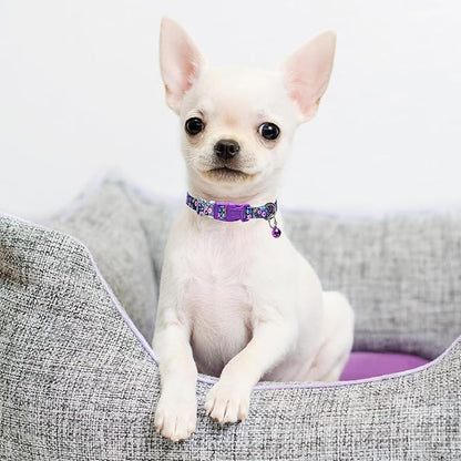 Purple Floral Puppy Collar with Bell, Pretty Cute Flower Girl Dog Collar Tiny Kitten Collars with Bells for XS Small Pet Female Dogs Cat Little Animal, XSmall