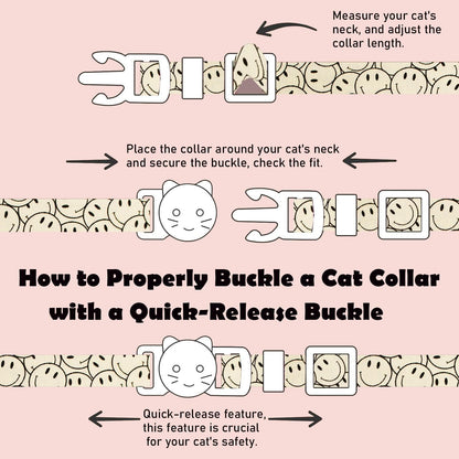 2 Pack Cotton Breakaway Cat Collars Set with Bell and Flower Pendant, Cute Floral Fruit Patterned, Adjustable 7.5-11Inch, Include A Mouse Toy Gift (Smile face)