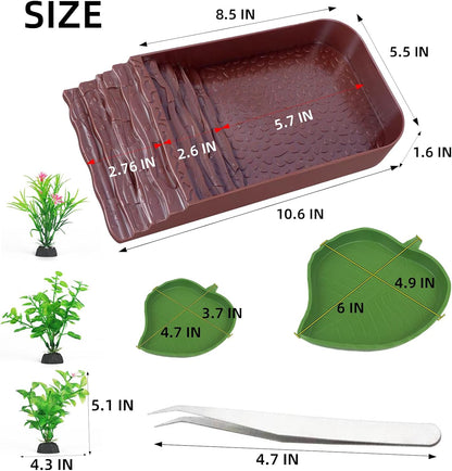 3 PCS Reptile Water Dish with Climbing Ramp, Leaf Reptile Water Bowl, Amphibians Habitat Brown Tortoise Water Dish for Turtle, Gecko, Snake, Bearded Dragon, Lizard