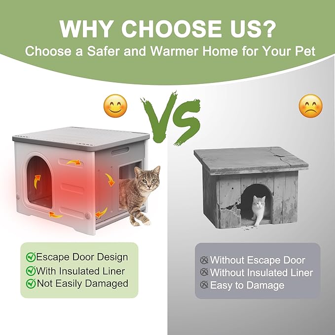 Insulated Cat House Outdoor Weatherpoof Plastic Cats Houses with Escape Door Indoor Waterproof Feral/Pet Cat Shelter Outside for Puppy, Rabbit for Winter