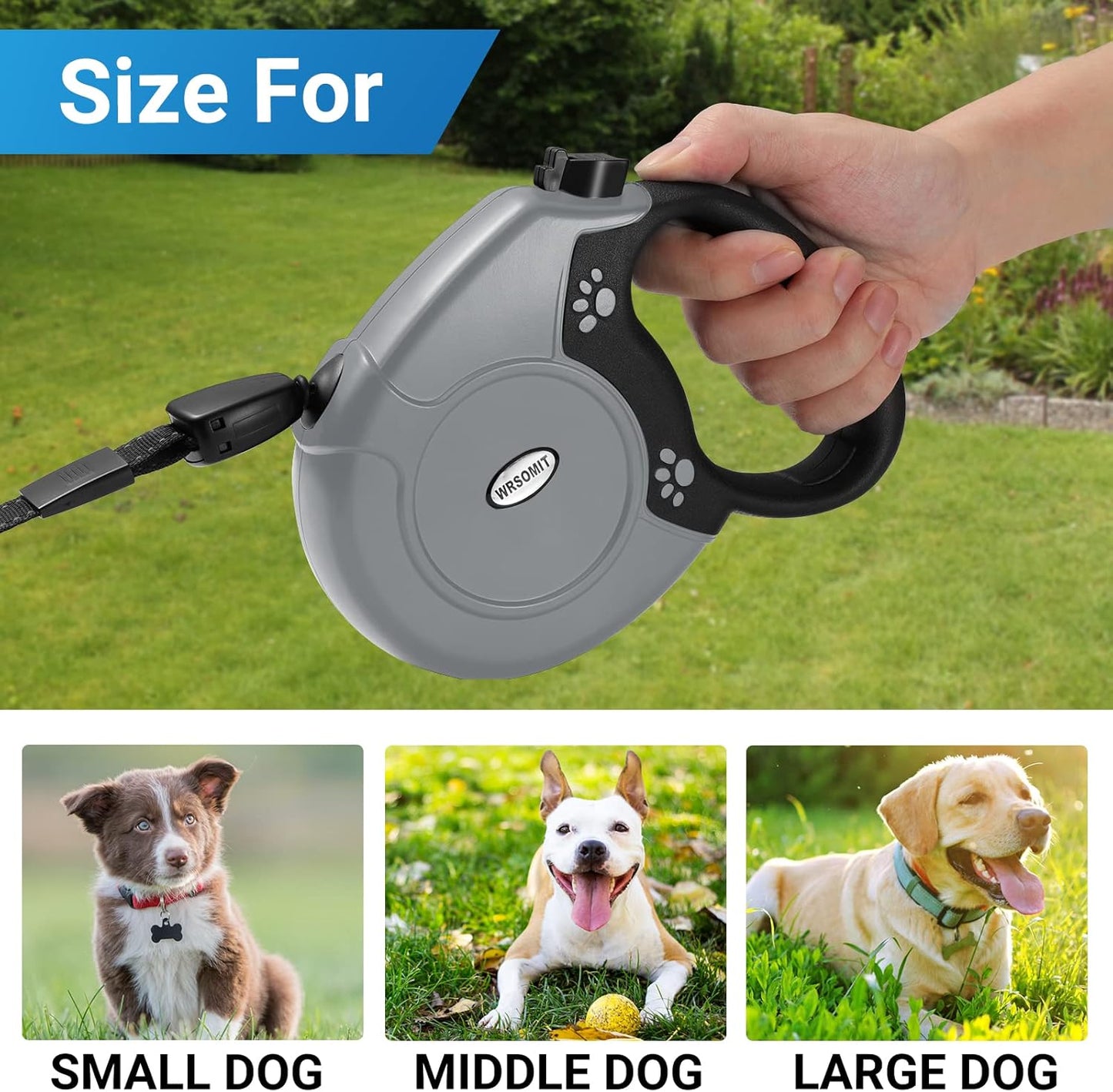 Retractable Dog Leash, 26 Ft Heavy Duty Pet Walking Leash for Small Medium Large Dogs up to 99lbs, Anti-Slip Handle, 360 ° No Tangle, Nylon Tape, One-Handed Brake (Grey)