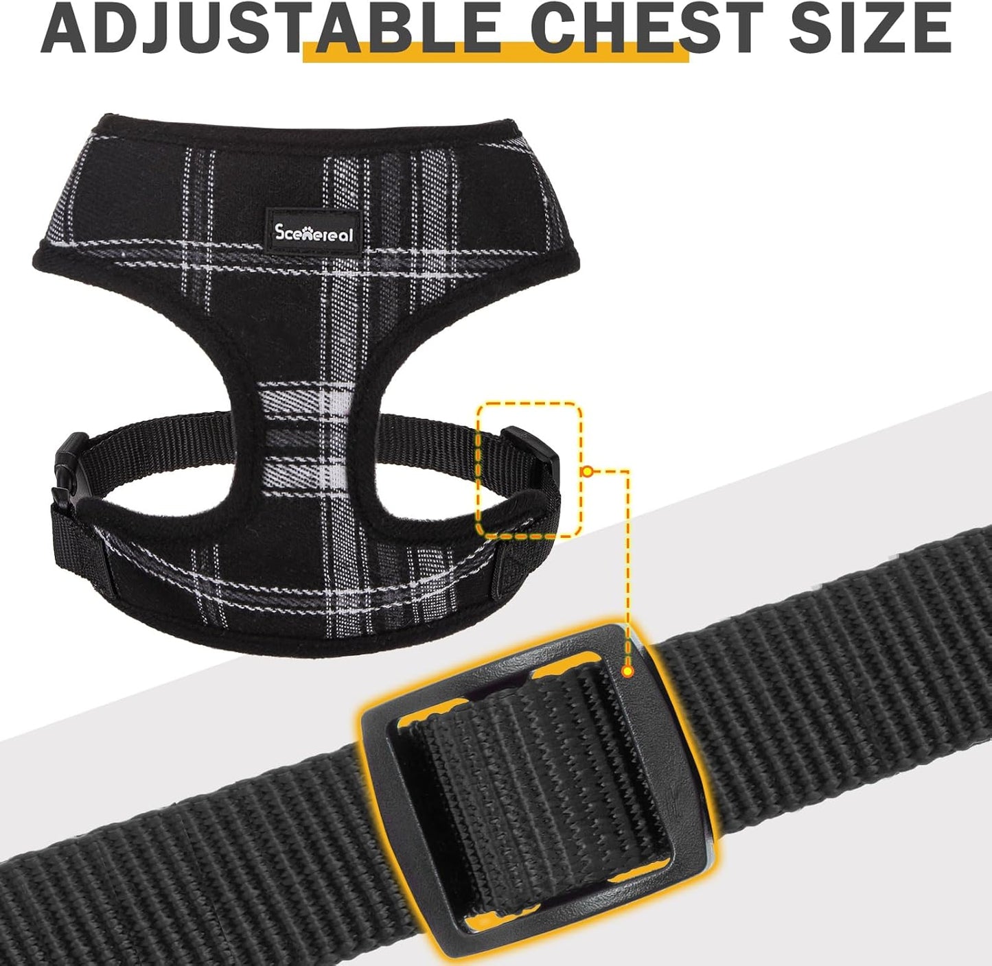 SCENEREAL No Pull Dog Harness Collar and Leash Set Small Medium Sized Dog, Soft Mesh Step in Puppy Harnesses, No Chock Plaid Adjustable Pet Vest for Outdoor Walking Training and Running, Black S