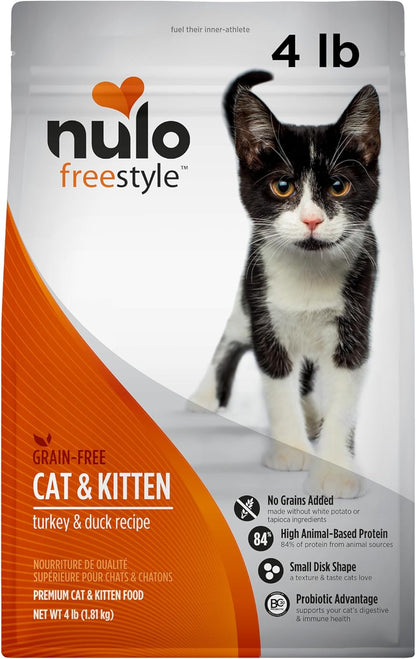 Nulo Freestyle High Protein Cat & Kitten Food, Turkey & Duck Recipe - Natural Grain-Free Dry Cat Food with Omega Fatty Acids & Probiotics, 4 lb Bag
