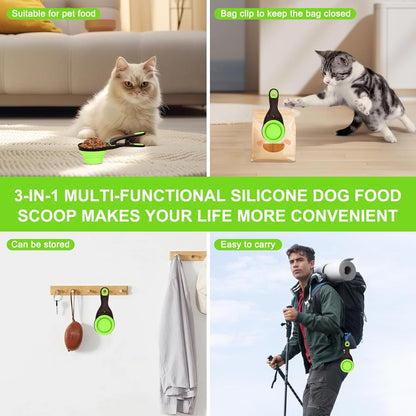 Collapsible Silicone Dog Food Scoop Foldable Pet Food Measuring Cup with Bag Clip 3 in 1 Multi-Function Silicone Dog Food Scooper (Green, Small)