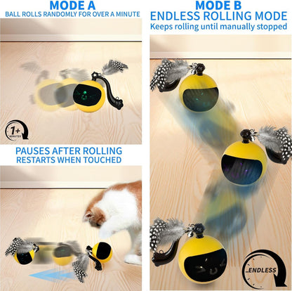 Interactive Cat Ball Toy with Remote Control, Automatic Moving Cat Toys Ball with Feather Tail, Electric Puzzle Toy for Chasing and Hunting (Yellow)