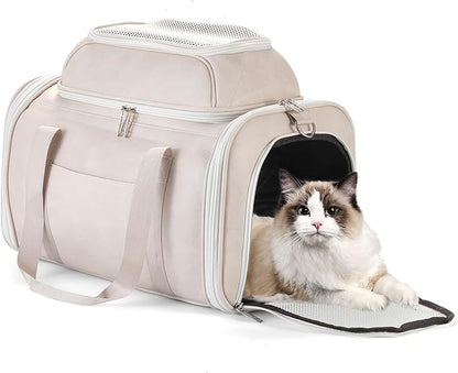 Premium Leather Top Expandable Pet Carrier for Small Dogs & Cats Under 15 lbs, Airline Approved Collapsible Soft-Sided Luxury Travel Bag Beige