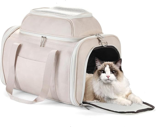 Premium Leather Top Expandable Pet Carrier for Small Dogs & Cats Under 15 lbs, Airline Approved Collapsible Soft-Sided Luxury Travel Bag Beige