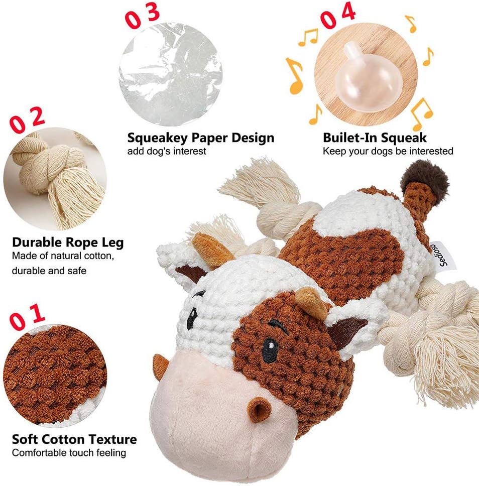 Dog Toys Set, Large Dogs Toy, Stuffed Animal Dog Chew Toy, Soft Plush Dogs Toys Pack for Small. Middle, Large Breed(3-Pack, Cow)