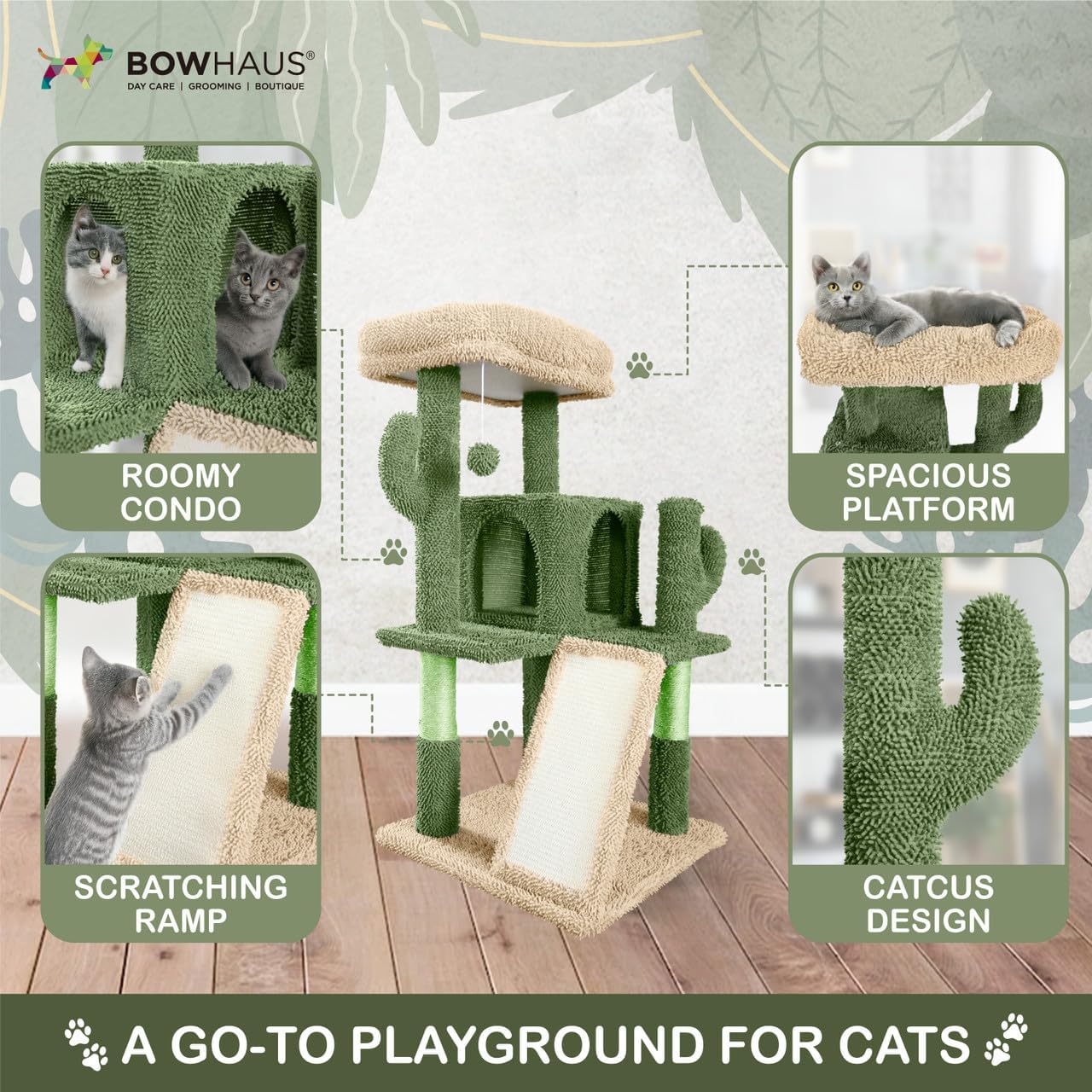 CAPHAUS Cactus Cat Tower for Indoor Cats, Cute 37-Inch Small Cactus Cat Tree w/Widened Perch for Large Cats & Kittens, Multi-Level Cat Activity Tree w/Scratching Posts & Ramp, 2-Door Cat Cave Condo