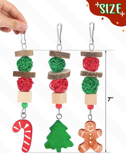 Xylolfsty Christmas Guinea Pig Toys Xmas Bunny Rabbit Toys Candy Cane Hamster Chinchilla Toys Treats for Teeth Grinding Gingerbread Christmas Tree Cage Hanging Accessories for Small Pets Gifts 3PCS