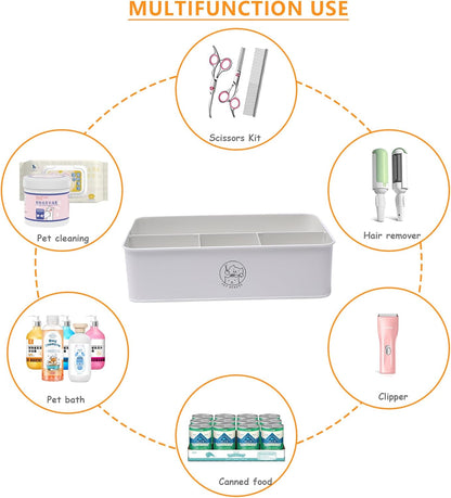 Premium 4-Compartment Dog Grooming Organizer,Metal Caddy for Pet Stuff with Handle-Powder Coated Storage Bin for Dog Cat Grooming Kit,Clippers,Brushes,Scissors & Supplies-White