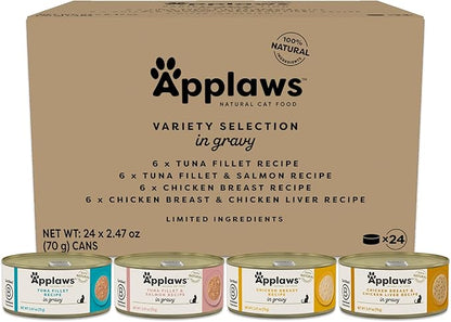 Applaws Natural Wet Cat Food in Gravy, Limited and Natural Ingredients, High Protein with No Artificial Additives, Variety Selection in Gravy (24 x 2.47oz Cans)