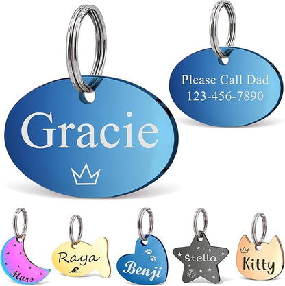 Anavia Small Size Dog Cat ID Tags, Small/XS Personalized Color Plated Stainless Steel Puppy Kitten Name Tags, Customized Engraved Nameplate Pet Collar Tag (Blue, Oval)