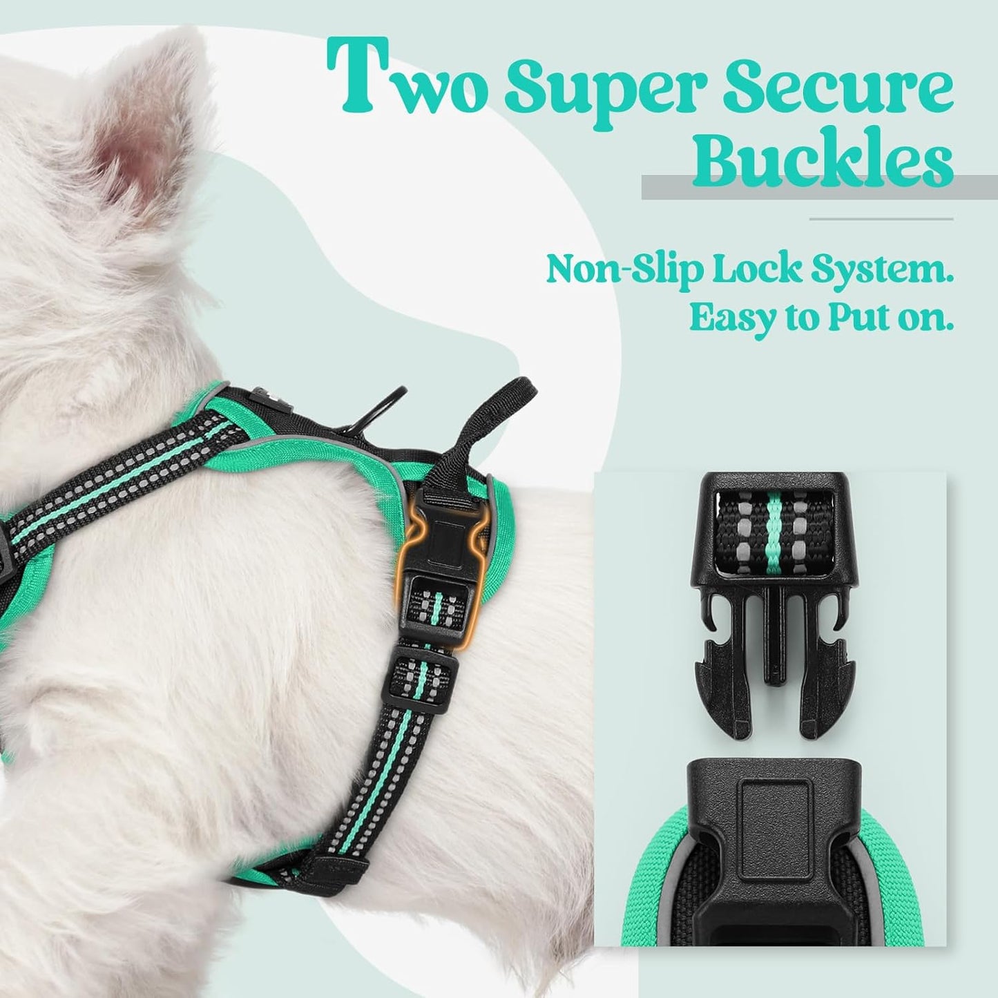 rabbitgoo Dog Harness No Pull with 2 Leash Clips, Adjustable Soft Padded, Reflective Oxford No Choke Pet Vest with Easy Control Handle for Puppy, Black & Turquoise, XS