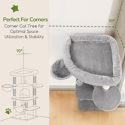 Globlazer Corner Cat Tree Tower for Indoor Cats, 51in Multi-Level Cat Condo Tower with Large Hammock, 7 Sisal Scratching Posts, Oversized Top Perch, Spacious Cat Cave, Hanging Basket, C51, Light Gray