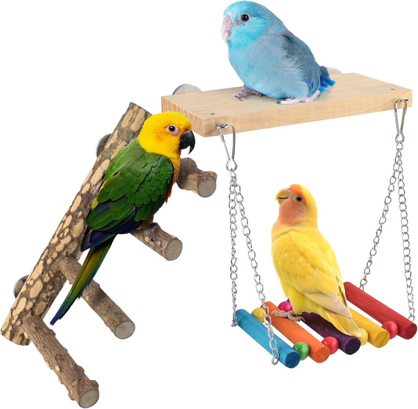 3in1 Bird Chewing Toys for Small Animal, Wooden Ladder Perch for Cage, Parrot Platform Colourful Swing Hammock Bridge Climbing Exercise Cage Accessories for Budgies Cockatiels Lovebirds Hamster