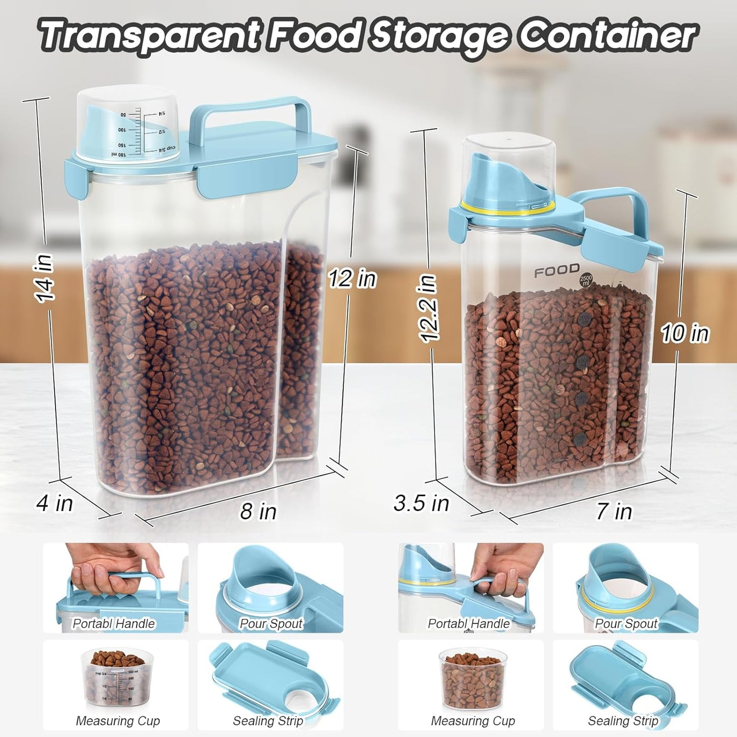 Dog Food Storage Container, Upgraded Large Nozzle BPA-free, (3LBS +5LBS) Plastic Pet Food Storage Containers, With 4 Sealed Clasps, 1 Measuring Cup and Handle (Bright blue)