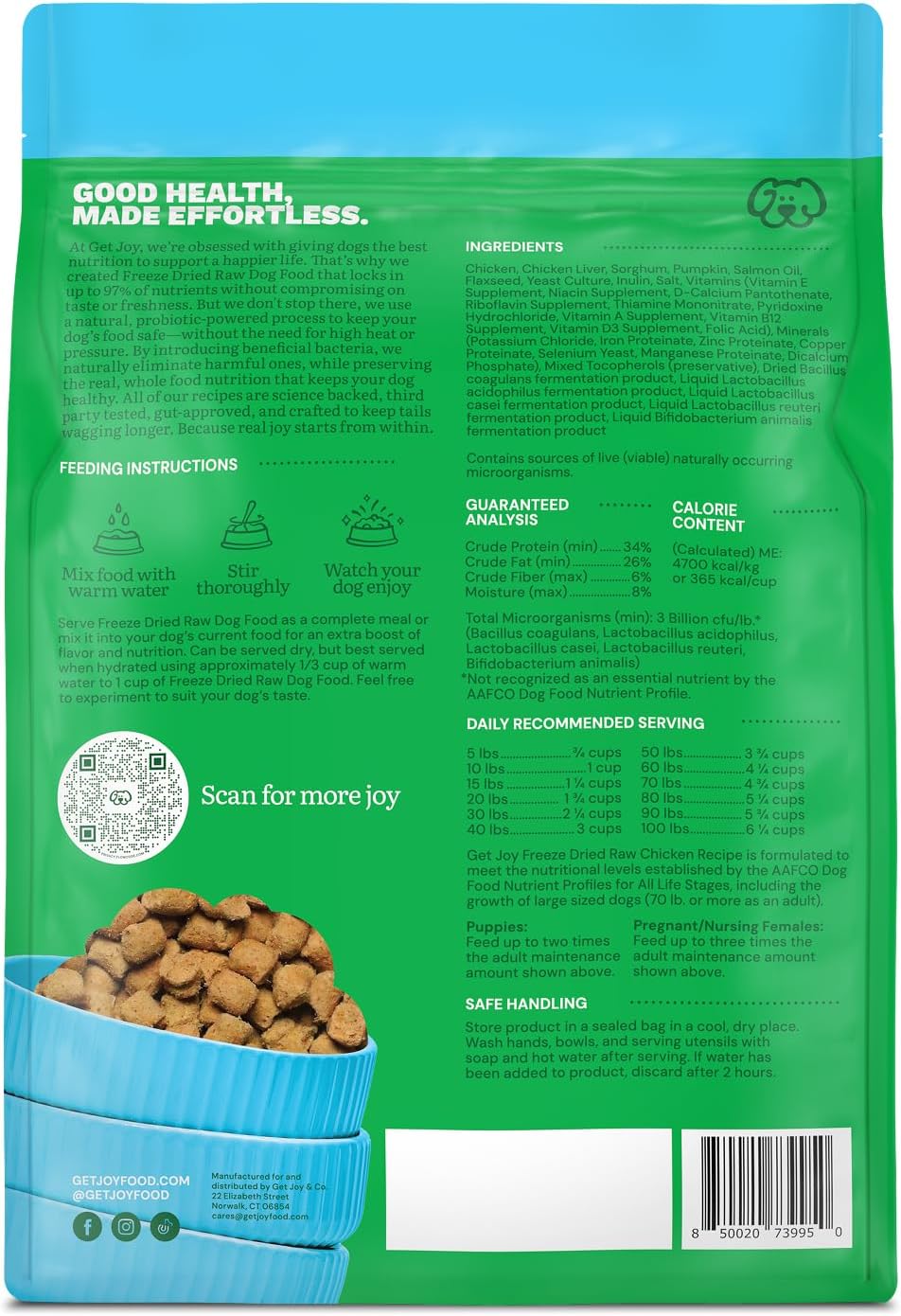 Get Joy Freeze Dried Raw Chicken Dog Food, High Protein Grain Free Meal, Topper & Treat, Gut Health Support with Probiotics, Small to Large Breed, 32oz Bag