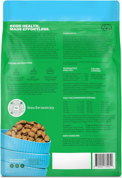 Get Joy Freeze Dried Raw Chicken Dog Food, High Protein Grain Free Meal, Topper & Treat, Gut Health Support with Probiotics, Small to Large Breed, 16oz Bag