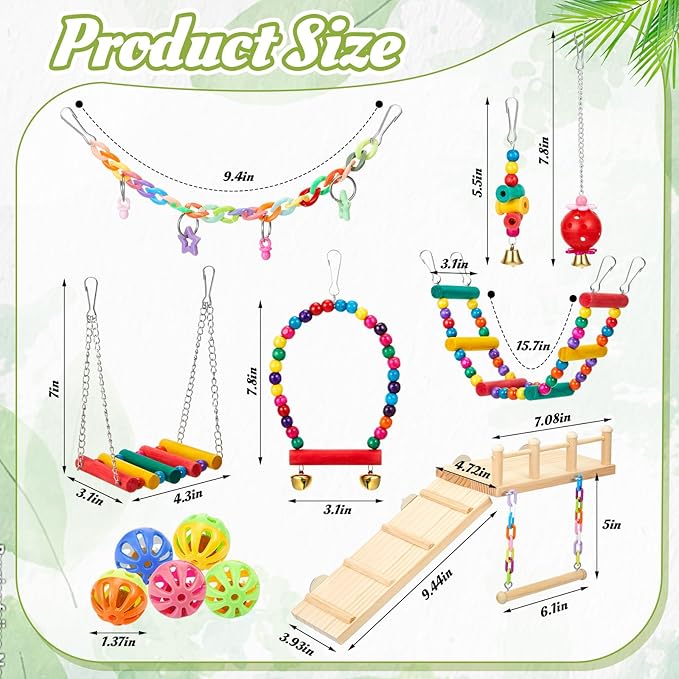 12 Pcs Cockatiel Toys Bird Toys for Conures, Bird Cage Accessories, Parakeets Perches Cage Parrot Ladders, for Hanging Swinging Standing Chewing Climbing Training