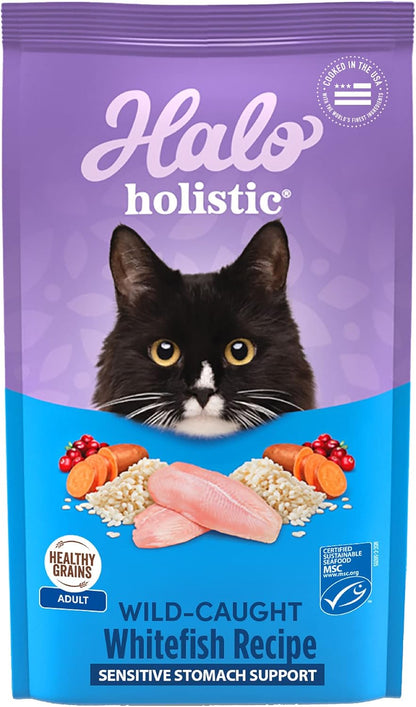 Halo Holistic Cat Food Wild Caught Salmon & Whitefish Formula, Healthy Grains Dry Cat Food, For Sensitive Stomach Support, Kibble for Adult Cats, 10 lb Bag