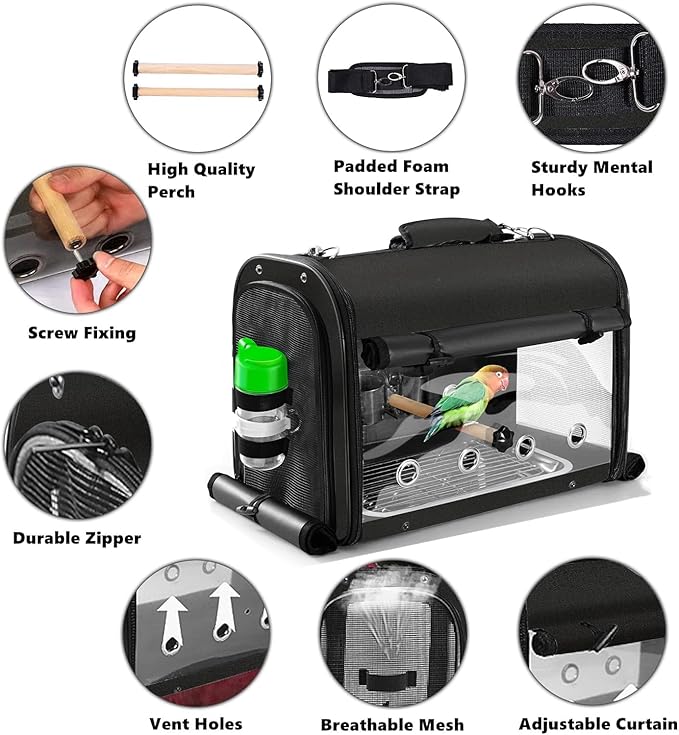 SUERTREE Bird Carrier Bag Bird Travel Cage with Stand, Lightweight Backpack for Parrot, Portable Bird Travel Bag, Pet Transparent Breathable Travel Cage, Black