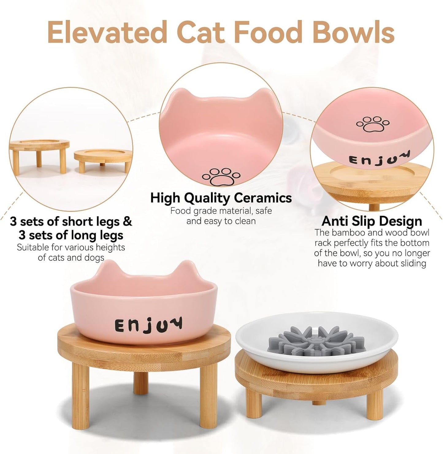 3PCS Elevated Cat Bowls,Wide Raised Ceramic Pet Dishes with Bamboo Stand, Whisker Friendly Pet Water or Food Plates Feeding Station for Indoor Small Dogs, Kitten (Pink(3PCS))