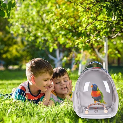 Bird Traval Carrier Cage, Clear Space Capsule Astronaut Backpack to Carry Parakeet Cockatiel Parrot with Metal Tray Wood Perch, Vet Transport Book Bag Floral Printed