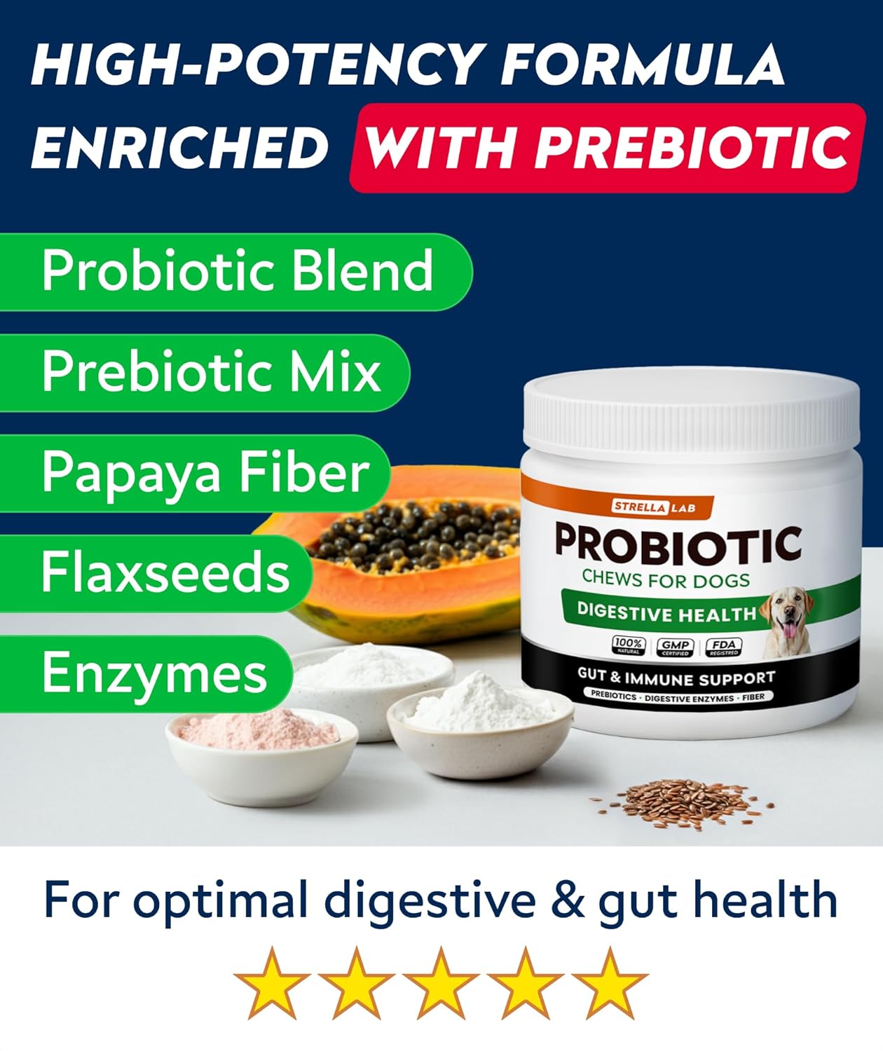 STRELLALAB Dog Probiotics for Digestive Health & Enzymes - Diarrhea, Gas, Upset Stomach Relief & Season Allergy - Pet Probiotics for Dogs- Chews for Digestion - Gut Health for Dogs (60Ct)