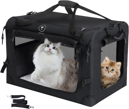 Extra Large Cat Carrier for Car Travel, Pegic Soft Sided Collapsible Pet Carrier for Outdoor and Indoor Uses, Roomy Cat Carrier for 2 Kittens, Large Cat or Puppies Up to 50lbs (Black)