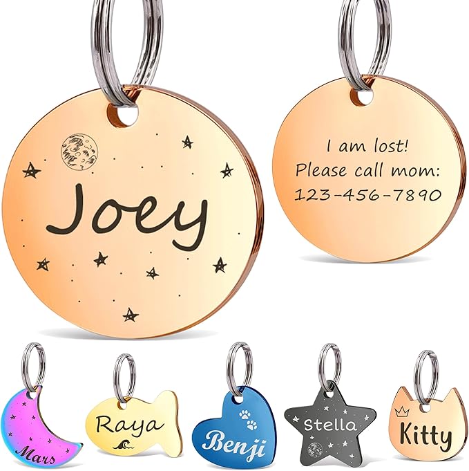 Anavia Small Size Dog Cat ID Tags, Small/XS Personalized Color Plated Stainless Steel Puppy Kitten Name Tags, Customized Engraved Nameplate Pet Collar Tag (Rose Gold, Round)