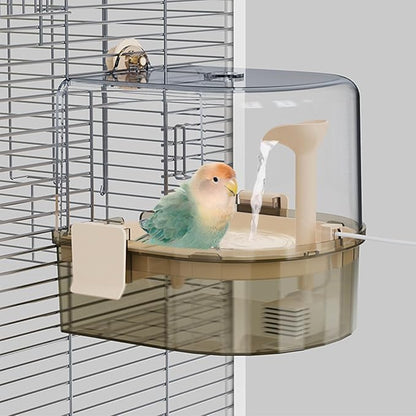 Automatic Bird Baths for Cage – Indoor Parakeet Bath with Pump, Bird Shower with 2 Modes Running Water, Bird Cage Accessory for Pet Birds Conure Budgies Cockatiels Lovebird (Light Brown)