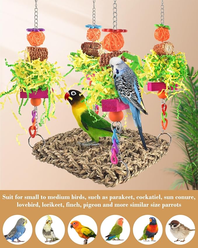ERKOON Conure Toys, Bird Cockatiel Toys Foraging Swing Mat Parrot Climbing Hammock Wall with Colorful Toys for Birds Shredding Seagrass, Birds Cage Toy Accessories